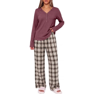 image:imageANRABESS Womens Pajama Sets Sleepwear Lounge Set Fall 2 Piece Outfits PjsMauve  Coffee Plaid