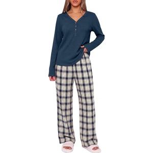 image:imageANRABESS Womens Pajama Sets Sleepwear Lounge Set Fall 2 Piece Outfits PjsNavy Blue  Navy Plaid