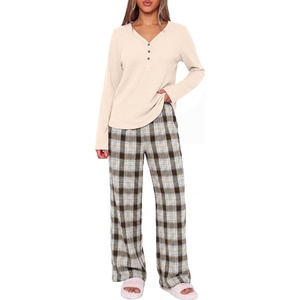 image:imageANRABESS Womens Pajama Sets Sleepwear Lounge Set Fall 2 Piece Outfits PjsParchment  Brown Plaid