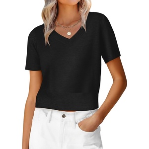 image:imageANRABESS Womens Short Sleeve Sweaters Cropped V NeckBlack