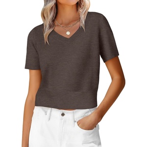 image:imageANRABESS Womens Short Sleeve Sweaters Cropped V NeckBrown