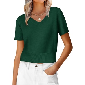image:imageANRABESS Womens Short Sleeve Sweaters Cropped V NeckForest Green