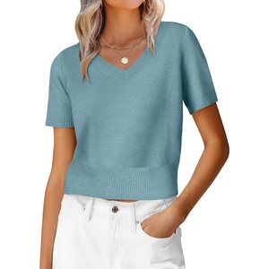 image:imageANRABESS Womens Short Sleeve Sweaters Cropped V NeckLight Blue