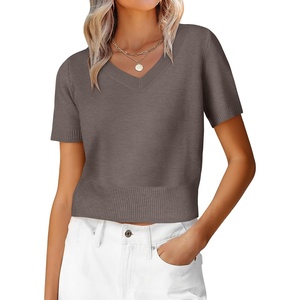 image:imageANRABESS Womens Short Sleeve Sweaters Cropped V NeckLight Coffee