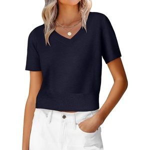 image:imageANRABESS Womens Short Sleeve Sweaters Cropped V NeckNavy Blue