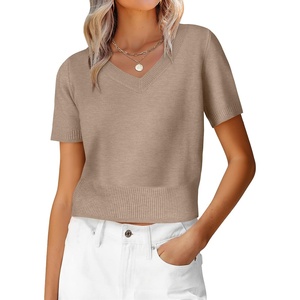 image:imageANRABESS Womens Short Sleeve Sweaters Cropped V NeckTan