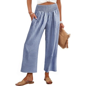 image:imageANRABESS Womens Striped Gingham Palazzo PantsBlue White Plaid