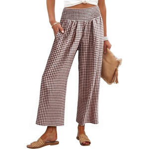 image:imageANRABESS Womens Striped Gingham Palazzo PantsBrown White Plaid
