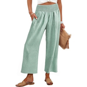 image:imageANRABESS Womens Striped Gingham Palazzo PantsGreen White Plaid