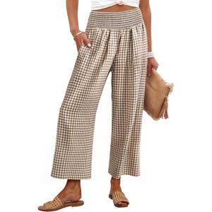 image:imageANRABESS Womens Striped Gingham Palazzo PantsLight Brown White Plaid