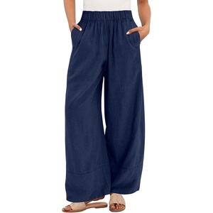 image:imageANRABESS Womens Wide Leg Linen PantsNavy Blue