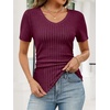 image:imageANRABESS Short Sleeve Sweaters for Women Lightweight Fall V Neck Knit TopBurgundy