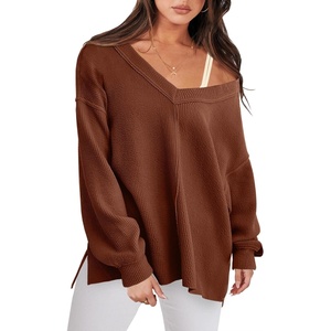 image:imageANRABESS Oversized Sweatshirt for Women Off the Shoulder V Neck Sweater TopCaramel