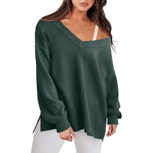 image:imageANRABESS Oversized Sweatshirt for Women Off the Shoulder V Neck Sweater TopDark Green
