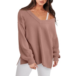 image:imageANRABESS Oversized Sweatshirt for Women Off the Shoulder V Neck Sweater TopDeep Apricot