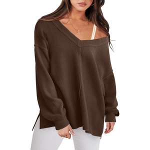 image:imageANRABESS Oversized Sweatshirt for Women Off the Shoulder V Neck Sweater TopDeep Brown
