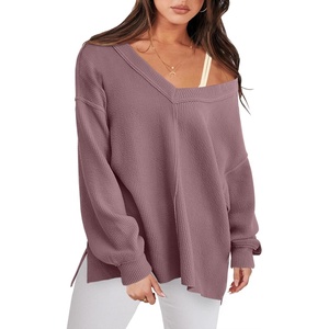 image:imageANRABESS Oversized Sweatshirt for Women Off the Shoulder V Neck Sweater TopLight Purple