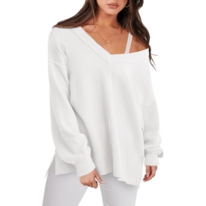 image:imageANRABESS Oversized Sweatshirt for Women Off the Shoulder V Neck Sweater TopWhite