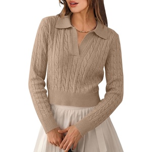 image:imageANRABESS Sweaters for Women Cable Knit Long Sleeve Polo V Neck Fall OutfitsBright Tan