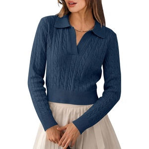 image:imageANRABESS Sweaters for Women Cable Knit Long Sleeve Polo V Neck Fall OutfitsDeep Blue