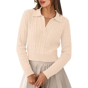 image:imageANRABESS Sweaters for Women Cable Knit Long Sleeve Polo V Neck Fall OutfitsParchment