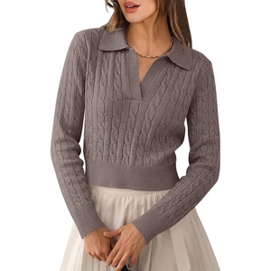 image:imageANRABESS Sweaters for Women Cable Knit Long Sleeve Polo V Neck Fall OutfitsPink Apricot