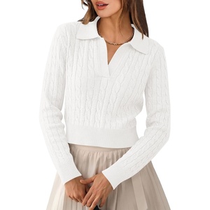 image:imageANRABESS Sweaters for Women Cable Knit Long Sleeve Polo V Neck Fall OutfitsWhite