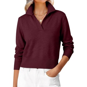 image:imageANRABESS Sweaters for Women Cropped Polo Collared Long SleeveDark Red