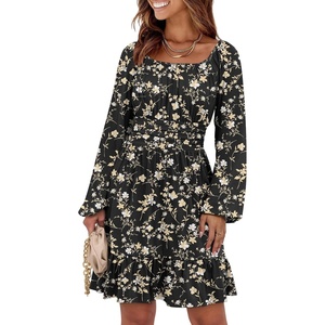 image:imageANRABESS Women Long Lantern Sleeve Square Neck Fall Short DressBlack Floral