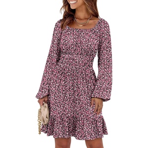 image:imageANRABESS Women Long Lantern Sleeve Square Neck Fall Short DressBlack Pink Floral