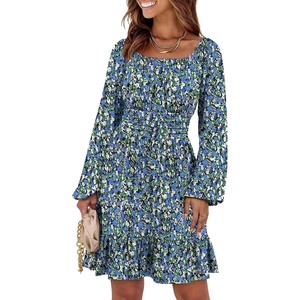 image:imageANRABESS Women Long Lantern Sleeve Square Neck Fall Short DressBlue Black Floral