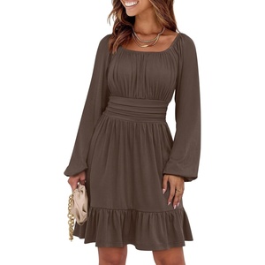 image:imageANRABESS Women Long Lantern Sleeve Square Neck Fall Short DressBrown