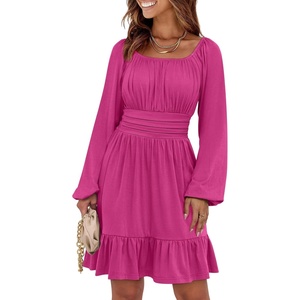 image:imageANRABESS Women Long Lantern Sleeve Square Neck Fall Short DressDark Pink