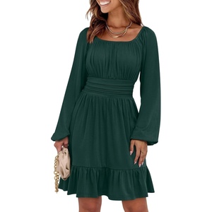 image:imageANRABESS Women Long Lantern Sleeve Square Neck Fall Short DressDeep Green