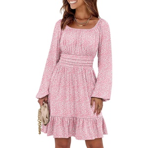 image:imageANRABESS Women Long Lantern Sleeve Square Neck Fall Short DressFloral Pink