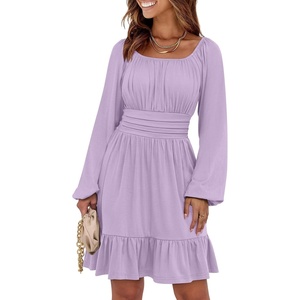 image:imageANRABESS Women Long Lantern Sleeve Square Neck Fall Short DressLight Purple
