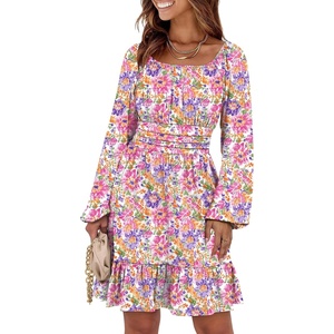 image:imageANRABESS Women Long Lantern Sleeve Square Neck Fall Short DressMulticolor Floral