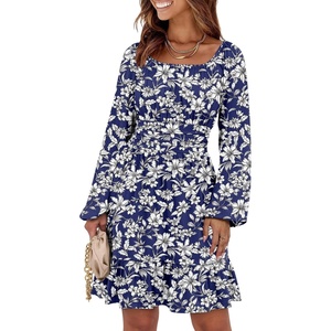 image:imageANRABESS Women Long Lantern Sleeve Square Neck Fall Short DressNavy White Floral