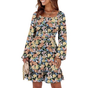 image:imageANRABESS Women Long Lantern Sleeve Square Neck Fall Short DressPrint Black Floral