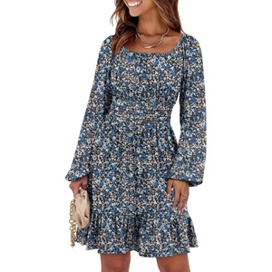 image:imageANRABESS Women Long Lantern Sleeve Square Neck Fall Short DressPrint Blue White