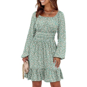 image:imageANRABESS Women Long Lantern Sleeve Square Neck Fall Short DressPrint Orange White