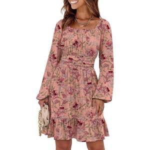 image:imageANRABESS Women Long Lantern Sleeve Square Neck Fall Short DressPrint Rose Pink