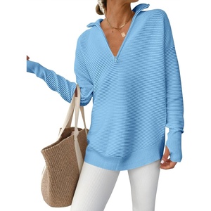 image:imageANRABESS Women Long Sleeve V Neck Fall Sweater Quarter Zip PulloverLight Blue