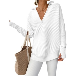 image:imageANRABESS Women Long Sleeve V Neck Fall Sweater Quarter Zip PulloverWhite
