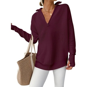 image:imageANRABESS Women Long Sleeve V Neck Fall Sweater Quarter Zip PulloverWine Red