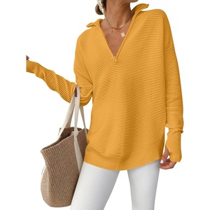 image:imageANRABESS Women Long Sleeve V Neck Fall Sweater Quarter Zip PulloverYellow