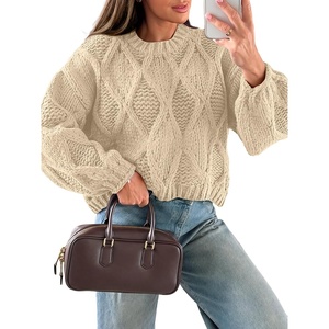 image:imageANRABESS Womens Cable Knit Chunky Cropped Sweaters Long Sleeve Fall OutfitsBeige