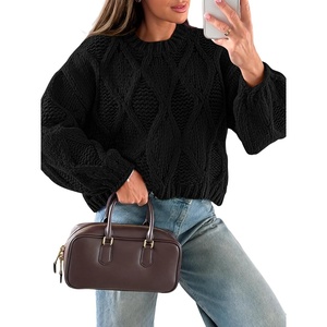 image:imageANRABESS Womens Cable Knit Chunky Cropped Sweaters Long Sleeve Fall OutfitsBlack