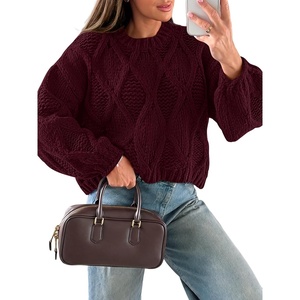 image:imageANRABESS Womens Cable Knit Chunky Cropped Sweaters Long Sleeve Fall OutfitsBurgundy
