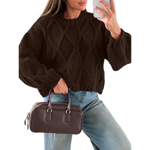image:imageANRABESS Womens Cable Knit Chunky Cropped Sweaters Long Sleeve Fall OutfitsCoffee